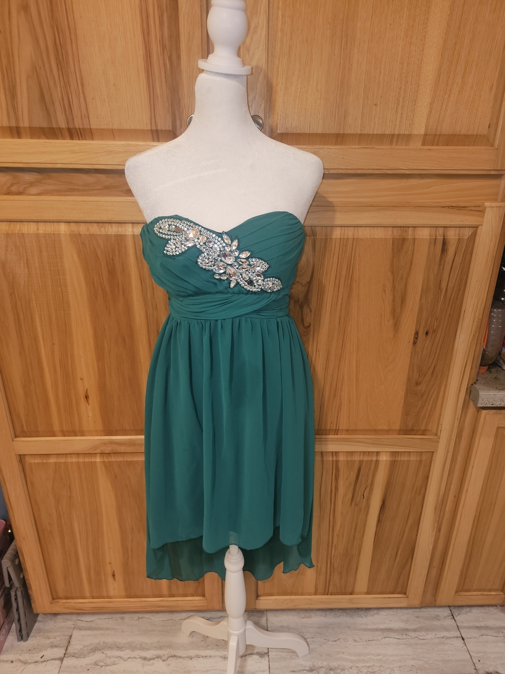 Deb Strapless Teal Chiffon Dress with Rhinestone Appliqué